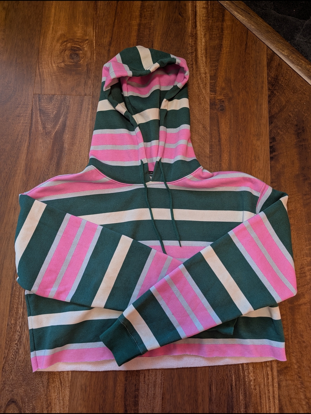 Striped Pink & Forest Green Cropped Hoodie